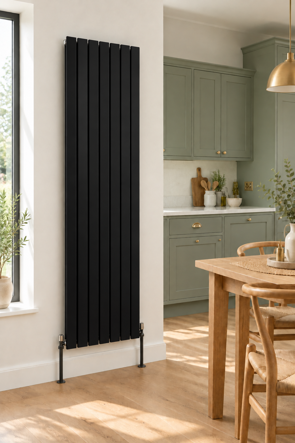 Black Flatco vertical radiator in the kitchen setting