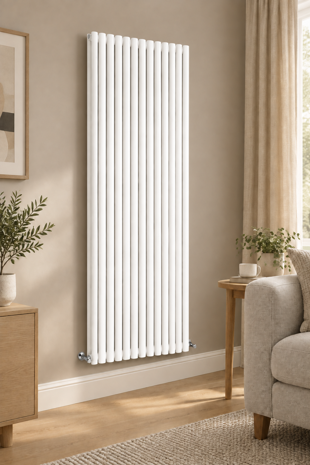 Ovalco 1800 × 590 vertical radiator in a living room