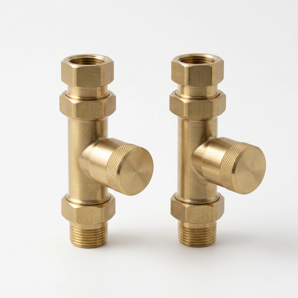 Straight inline brushed brass radiator valves
