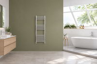 Chrome round bar designer towel rail in a wide contemporary bathroom scene