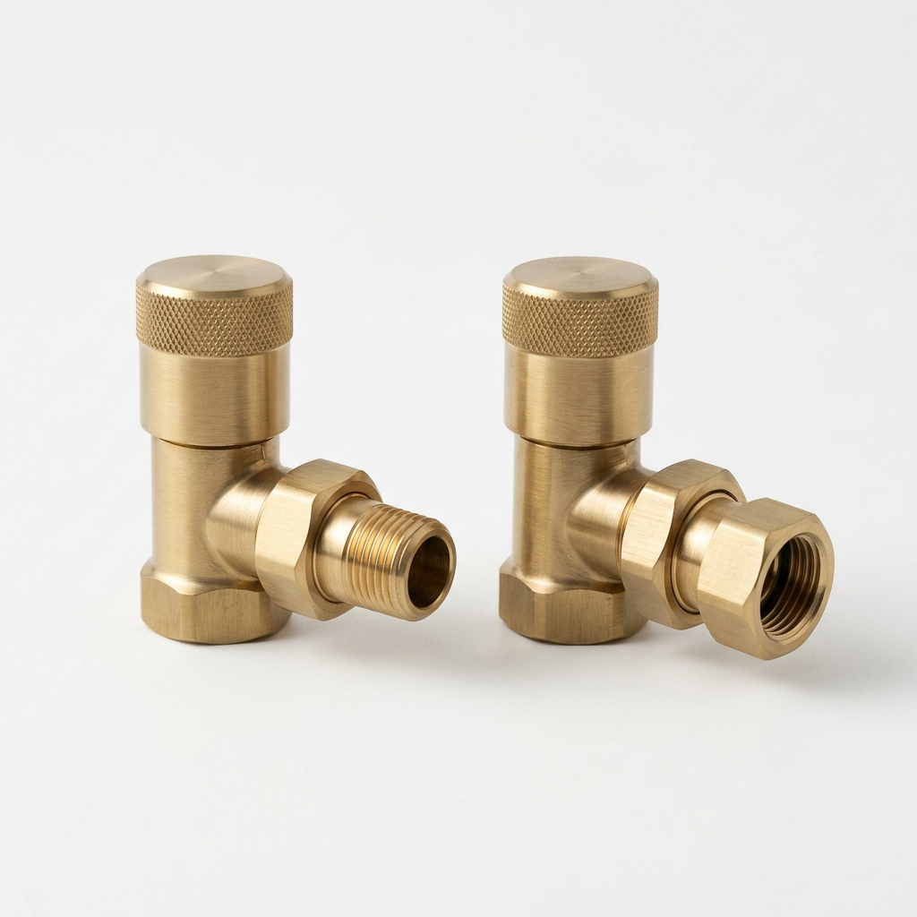 Brushed brass angled radiator valves concept image