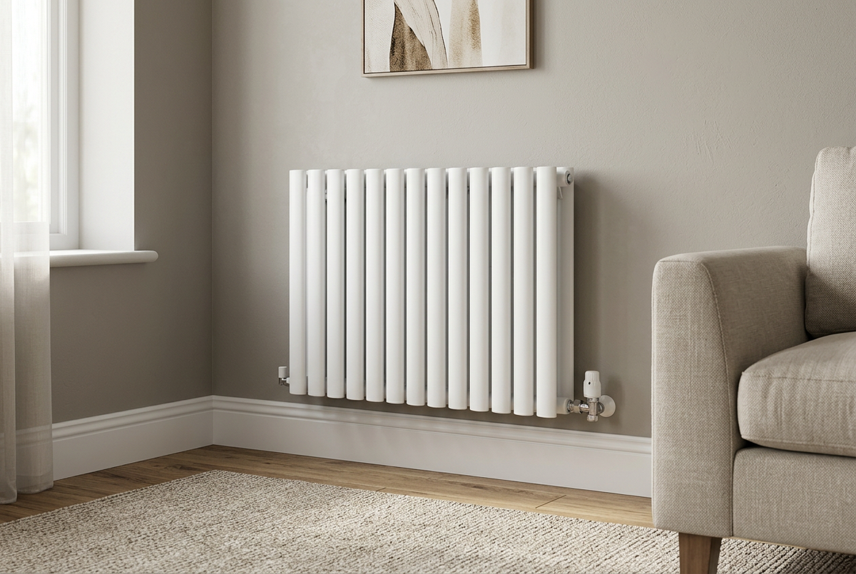 Compact white Ovalco 826 mm-wide horizontal radiator in a living room