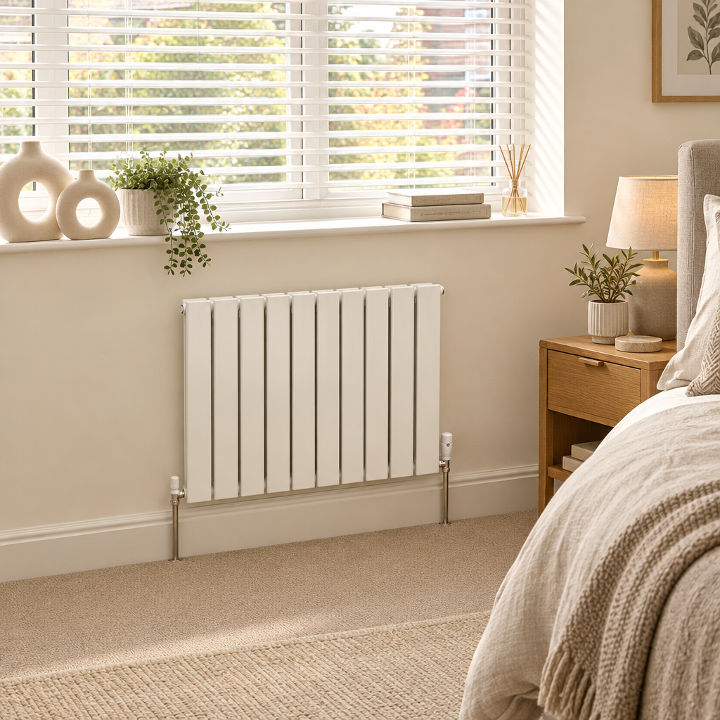 Flatco white radiator in a contemporary bedroom