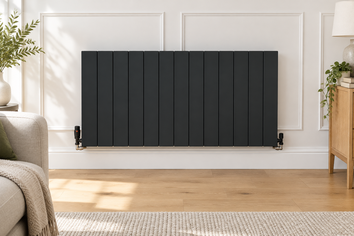 Dark aluminium horizontal radiator, front-view lifestyle image