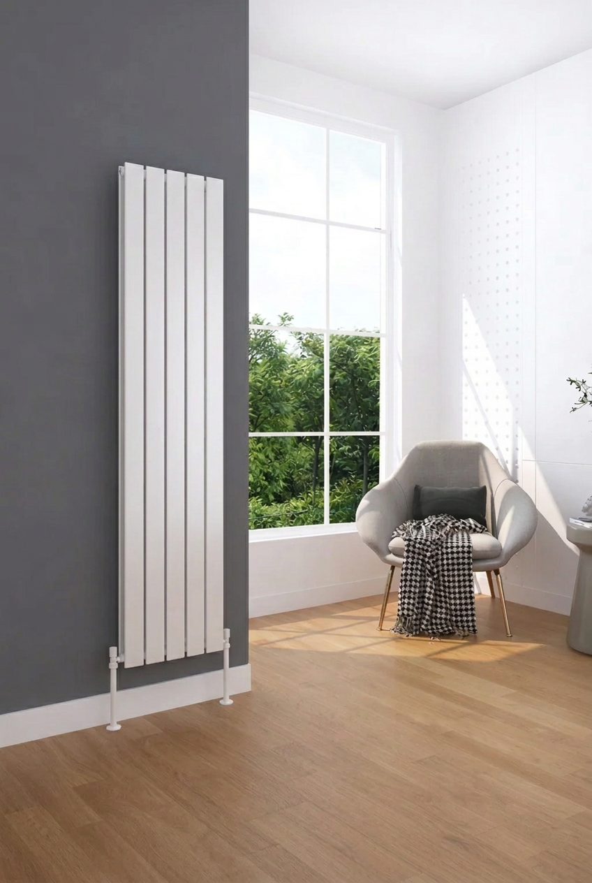 White Flatco radiator against a darker charcoal wall