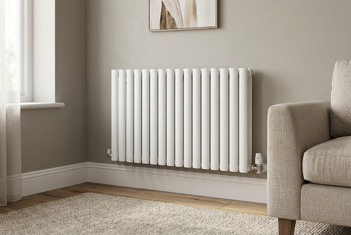 White Ovalco 600 × 1020 horizontal radiator in a living room